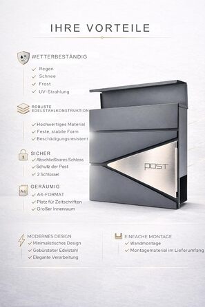 Поштовий ящик Verda з газетницею, нержавіюча сталь, антрацит, 2 ключі - дизайнерський настінний поштовий ящик з прихованим замком