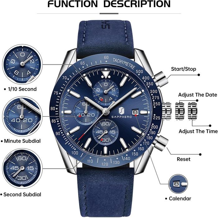 Годинник чоловічий BENYAR Chronograph з кварцовим механізмом, аналоговий, з шкіряним ремінцем. Стильний дизайн для бізнесу, спорту та повсякденного носіння. Водостійкість 30M. Елегантний подарунок для чоловіків (синій ремінець, сріблясте корпус, блакитний