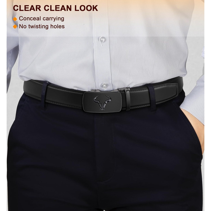 Чоловічий шкіряний ремінь BULLIANT 2 шт. з автоматичною застібкою-ратом, ширина 35 мм, регульований, з подарунковою коробкою (115 см/32'-38' та 105 см/28'-34' розміри, чорний/Tawny7975)