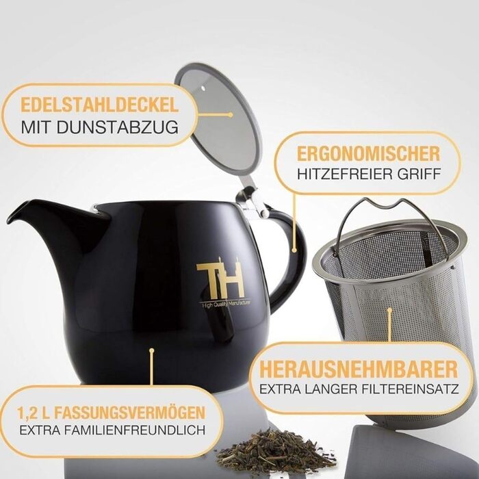 Design Teapot with Stovetop Set - Double-Walled Porcelain Construction - 1.2L Volume - Handmade Porcelain Ceramic Teapot - New Lid - Removable Infuser - 2023 Model (1.2 Liters)