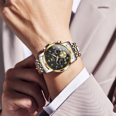 Годинник чоловічий OLEVS з металевим ремінцем, кварцовий, з місячною фазою, хронограф, водонепроникний (2859 Чорний / Двоколірний)