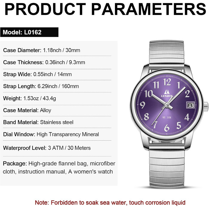 Жіночий годинник LN LENQIN: Водонепроникні годинники для жінок з нержавіючої сталі, кварцовий механізм, регульований браслет (сріблястий, фіолетовий)