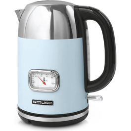 Електричний чайник зі нержавіючої сталі MUSE Retro з аналоговим термометром, фільтром, прозорою шкалою, об'ємом 1,7 л, автоматичним вимкненням, матовим золотим кольором (MS-030 BC), пастельно-блакитний колір