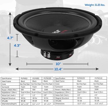 Сабвуфер Pyle PLPW10D 1000 Вт, 25,4 см, подвійна котушка, 4 Ом