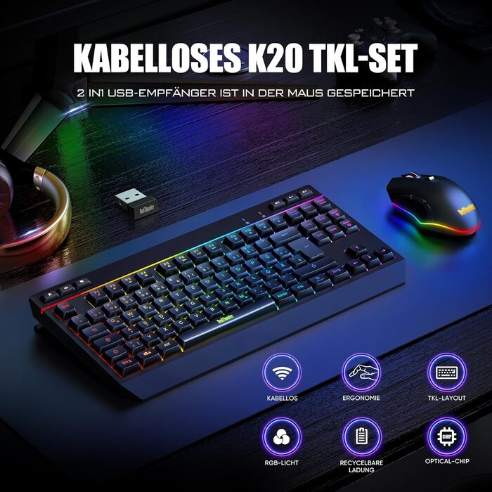 Бездротовий комплект клавіатури та миші RedThunder 75% QWERTZ RGB з підсвічуванням, для ПК Xbox PS5, чорний. Підтримка мультимедійних функцій та оптичний сенсор 7D.