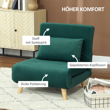 HOMCOM Sleeper Chair, Folding Chair with Bed Function, Decorative Cushion, Foldable Recliner Chair with Adjustable Backrest in Velvet Look, for Living Room, Dark Green | Aosom