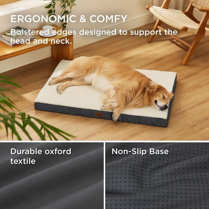 Ортопедичне ліжко для собак BEDSURE - великі породи, 112x81x8 см, м'яке, миється, сіре/бежеве