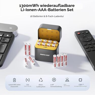 Набір акумуляторів PHOTOOLEX AAA Li-ion 1300mWh (8 шт.) з зарядним пристроєм, перезарядні літієві батарейки 8CH16AAA-DE