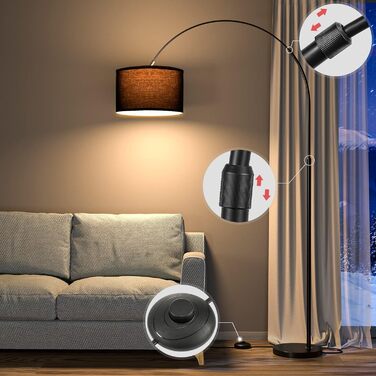 Торшер арковий Modlicht Jasmin I з LED E27, чорний тканинний абажур 33 см, педальний вимикач, вінтажний, для вітальні та спальні