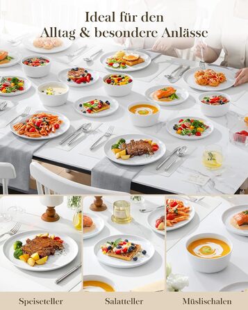 Набір посуду MALACASA LEXI 18 предметів: тарілки та миски, порцеляна, для 6 осіб, білий, сумісний з мийною машиною та мікрохвильовкою