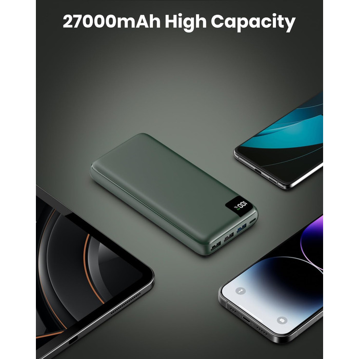 Power Bank Bilivein 27000mAh з LED дисплеєм: швидка зарядка 22,5W, PD/QC, USB-C, для телефонів та планшетів (зелений)