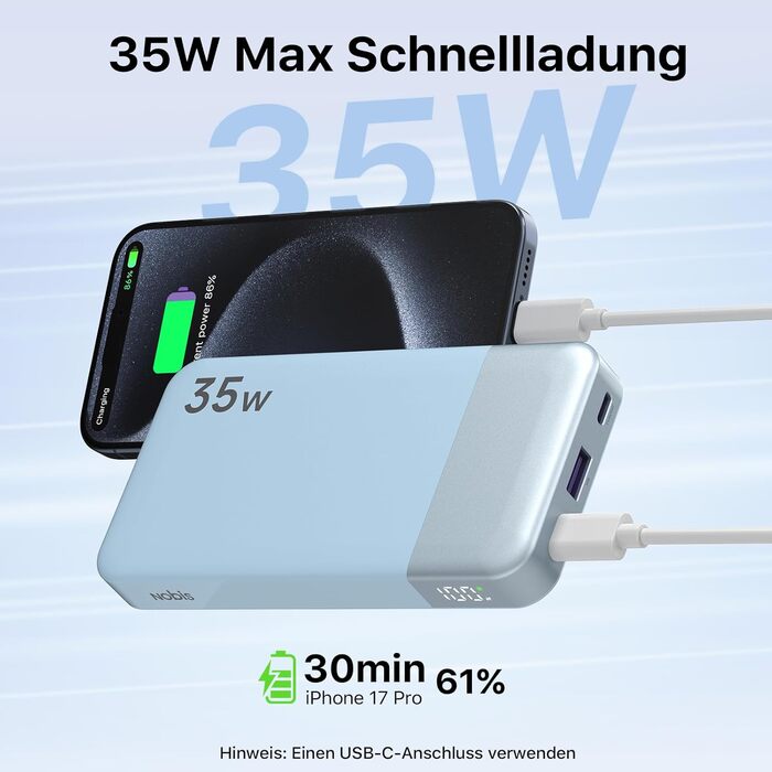 Power Bank NOBIS 35W 10000 mAh з двома USB-C та USB-A, цифровим дисплеєм (Блакитний)