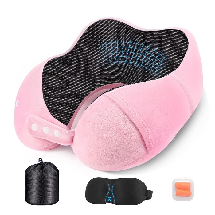 Подушка для шиї в літак та автомобіль з ефектом пам'яті (Memory Foam), набір для подорожей з маскою для сну, берушами та сумкою, рожева