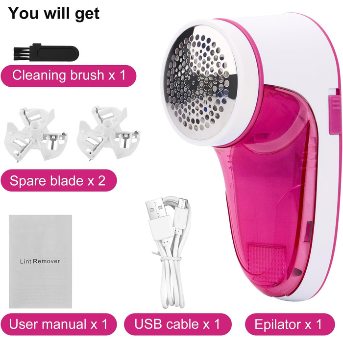 Електричний видальник ворсу портативний, для одягу та вовни з USB кабелем та 2 запасними лезами (Рожевий)