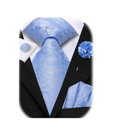 Шовковий краватковий комплект Hi-Tie: краватка, нагрудна хустинка, запонки, латунний значок. Ідеально для весілля та ділових зустрічей (Babyblau A)