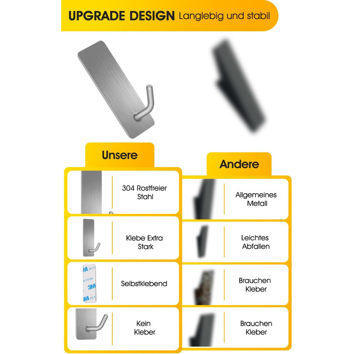 Набір гачків для рушників без свердління, 10 шт., самоклеючі гачки з нержавіючої сталі 304, міцні клейкі гачки для великих предметів, клейкі гачки для ванної, туалету та кухні, стійкі до іржі, срібні