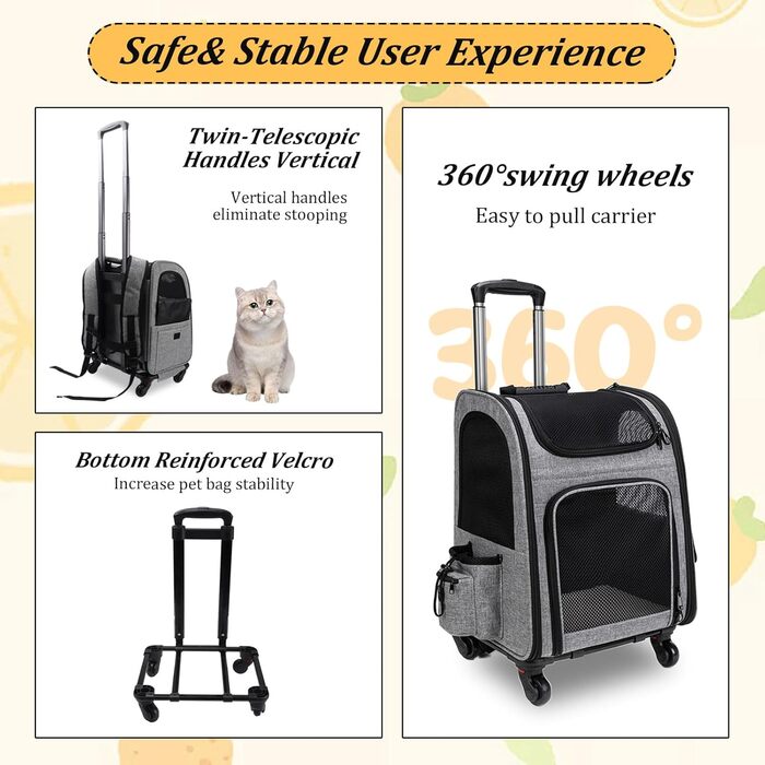 Транспортна переноска для котів та собак на колесах, 360° обертання, з кишенями, вантажний візок-рюкзак, портативна та дихаюча, для маленьких собак та середніх котів до 15 кг