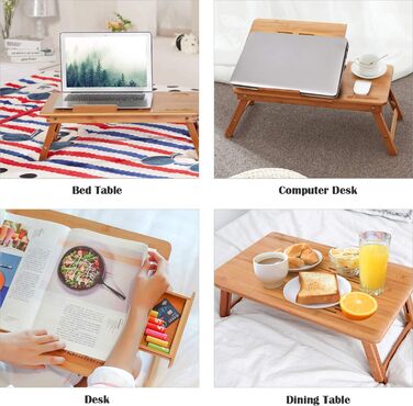 Столик для ноутбука Bathwa з бамбука, регульований, складаний, з ящиком (55 x 35 x 29 см)