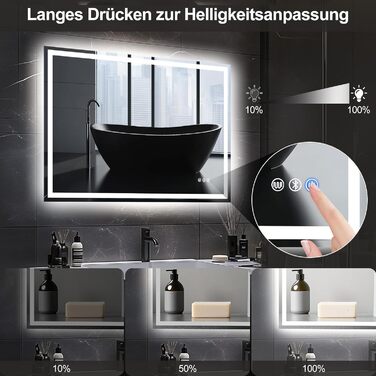 Дзеркало для ванної кімнати зі світлодіодним підсвічуванням 50x70 см, з сенсорним вимикачем, Bluetooth (80x60 см)