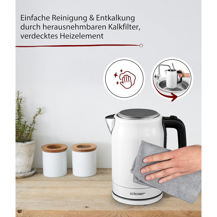 Електричний чайник Cloer 4511 з нержавіючої сталі, 2200 Вт, білий, 1.7 л, з індикатором рівня води та захистом від сухого кипіння та перегріву
