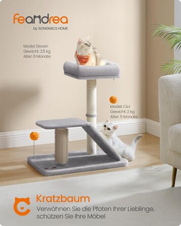 Feandrea Cat Tree with Lounging Area, Multifunctional Cat Tree with Platform, Swivel Ramp, Cat Brush, Plush Balls, Scratching Post, Small Cat Tree, 66.6 cm High, Light Grey PCA024G01