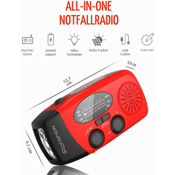 Сонячна радіостанція iRonsnow з ручним заводом, LED-ліхтарик, 2000mAh AM/FM, USB-зарядка для походу, кемпінгу, екстрених ситуацій