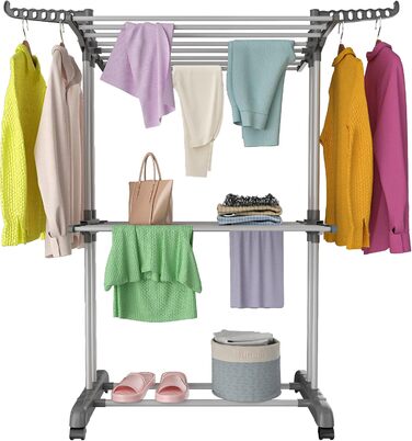 Foldable Stainless Steel Clothes Rack with Wheels, Portable, for Indoor and Outdoor Use, White/Gray (Gray-1)