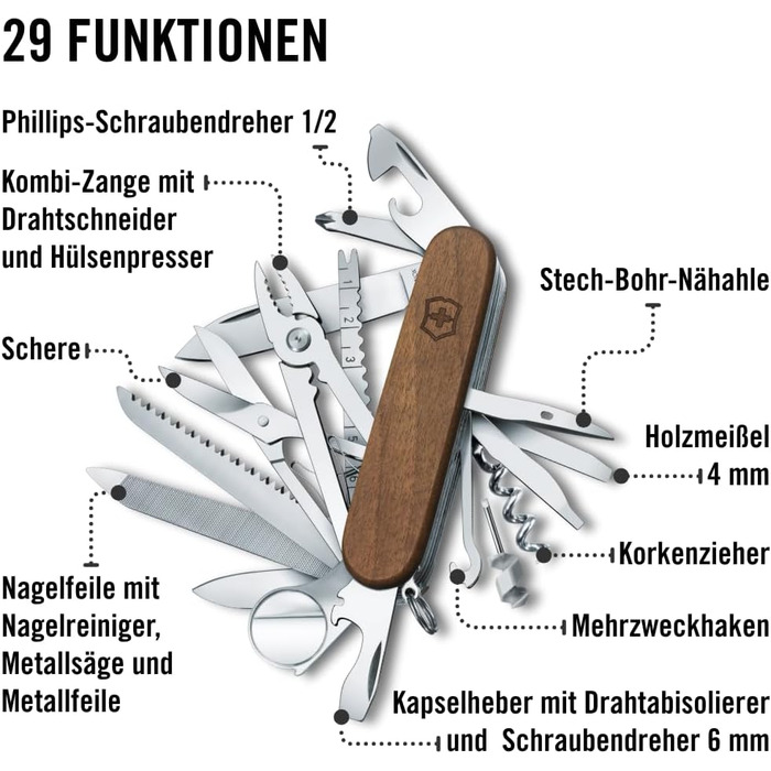 Нож Victorinox Swiss Champ Wood (29 функцій) з деревом, з пилкою та ножицями