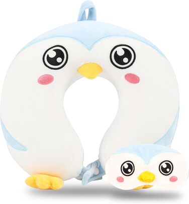 Дитяча подушка для подорожей з маскою для сну, м'яка подушка для шиї з Memory Foam, для дітей, хлопчиків та дівчаток, підлітків, аксесуари для подорожей, подушка для шиї (Пінгвін)