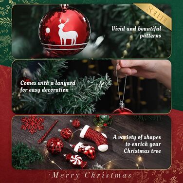 Набір ялинкових прикрас SOLEDI® 128 шт. Преміум якість, червоно-білі пластикові кулі з зіркою та верхівкою - міцний та безпечний набір з петельками. Ялинкові кулі різних кольорів, багаторазовий декор для Різдва.
