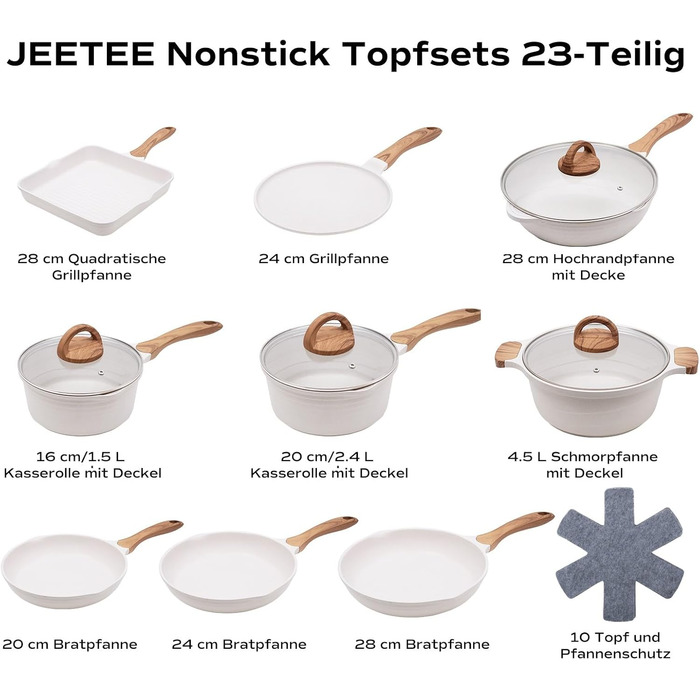 JEETEE 23-Piece Cookware Set with Non-Stick Granite Coating, Induction Cookware Set, Cookware Set with Lids, Frying Pan, Saucepan, Grill Pan, Cookware & Crepe Pan, Beige
