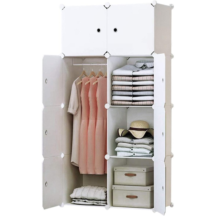 BRIAN & DANY 12-Cube Wardrobe, Modular Closet/Wardrobe/Shelving System, Plastic Wardrobe with Doors & 2 Hangers, Additional Stickers Included (8 Cube, White)