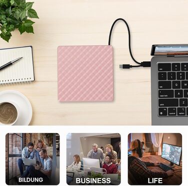 Зовнішній DVD-привід USB 3.0 та USB-C, CD/DVD гравір для ноутбука та ПК (Windows, Mac OS, Linux), Рожевий
