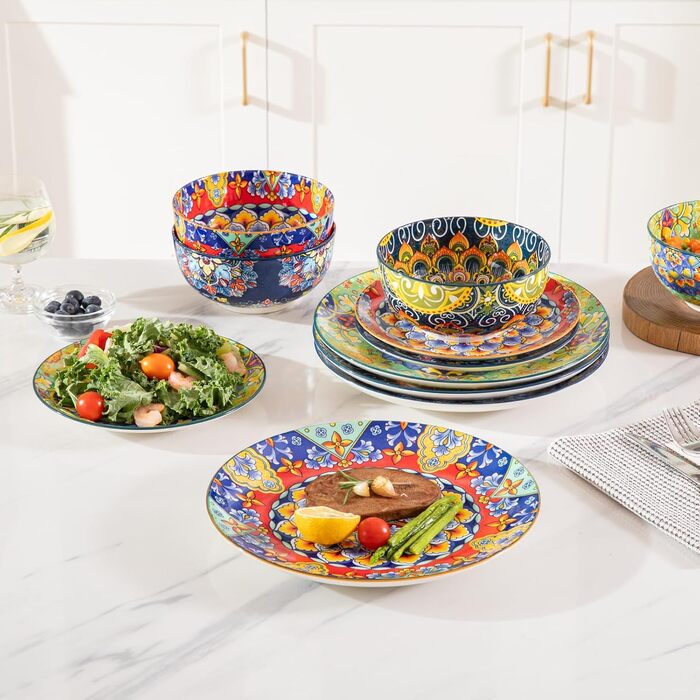 Набір посуду Sweejar Home Keramik для 4 осіб (12 предметів): порцелянові тарілки та миски, богемний стиль, для кухні, сумісний з мийкою та мікрохвильовкою