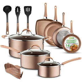 NutriChef Cookware Set, Induction, 14-Piece Non-Stick Pan Set, Pots & Pans PFOA/PFOS-Free, Cookware Set, Kitchen Set, Stainless Steel, Aluminum – High-Quality Cookware Set for All Cooktops Gold
