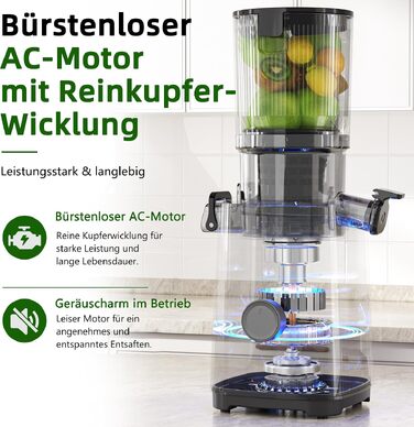 Шнекова соковижималка Slow Juicer для овочів та фруктів з широким завантажувальним отвором 120 мм, холодний віджим, функція самонарізання, 2 сіта, BPA-free