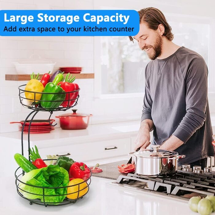 Металева фруктова корзина Stöckig з підставкою для бананів, чорна | Сучасна корзина для кухні