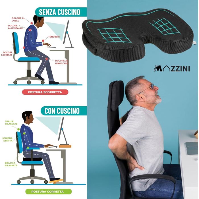 Подушка для попереку MAZZINI з Memory Foam - ергономічна підтримка спини для офісного крісла та авто, антиковзка, знімний чохол, при болях у попереку, для правильної постави