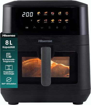 Фритюрниця без олії Hisense HAF2700DCD, 2700 Вт, 11 л, 8 програм, антипригарне покриття, дисплей, енергоефективна, SyncServe, чорна