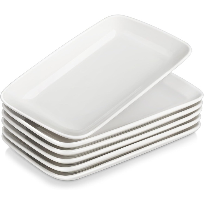 Сервірна таця MALACASA з порцеляни, 6-ти частинний набір, прямокутна, 25 x 14 см, біла. Ідеально для буфетів, суші, тортів та закусок вдома та в ресторані.