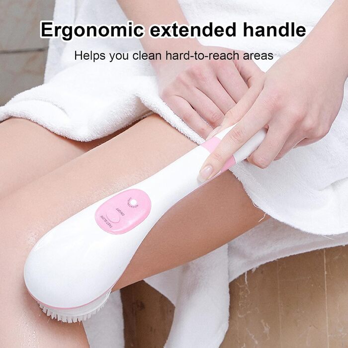 Electric Body & Face Cleansing Brush with 5 Brush Heads - USB Rechargeable Waterproof Exfoliating Body Brush with Long Handle for Deep Cleaning & Relaxation