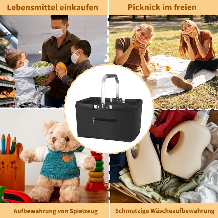 Складаний кошик для покупок 25L з міцними ручками та кишенею на блискавці, чорний