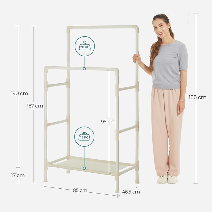 SONGMICS Стійка для одягу металева, з 2 перекладинами та полицею, біла, до 55 кг, проста збірка RDR01WT