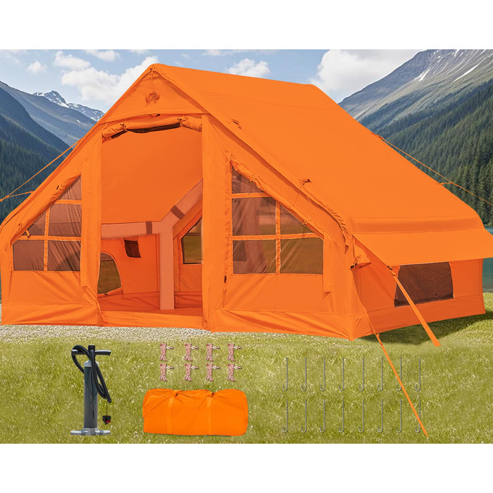Надувний кемпінговий намет Glamping для 4 осіб, помаранчевий - 2025, з москітною сіткою та захистом від дощу