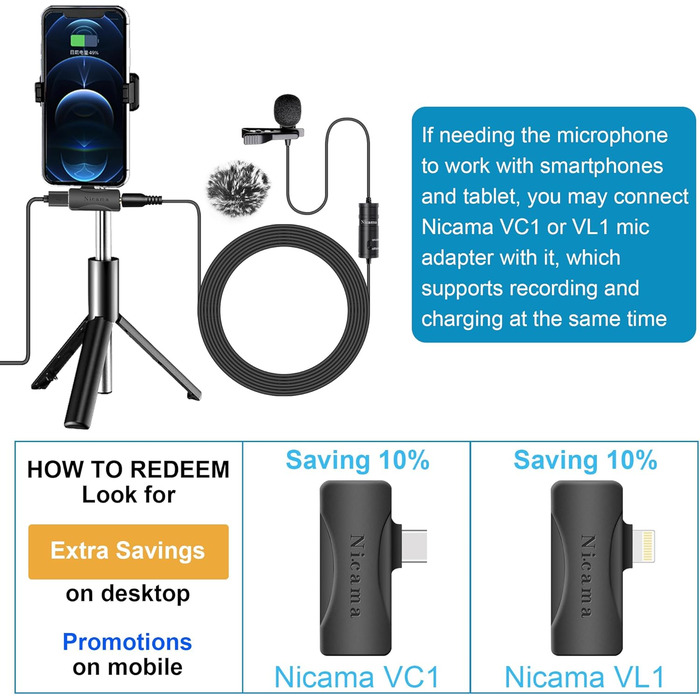 Мікрофон-петличка Nicama LVM1 з вітрозахистом, конденсаторний, для iPhone, смартфонів, Canon, Nikon, DSLR, відеокамер