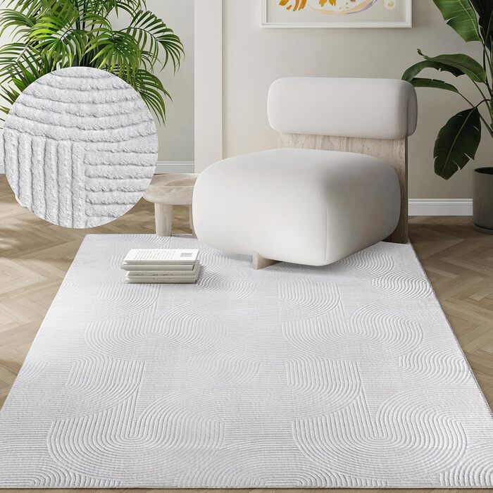Килим Rio - сучасний та м'який килим для вітальні та спальні з антиковзким покриттям та 3D-ефектом, пухнаста поверхня, легкий у догляді та міцний, білий, 80 x 150 см