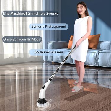 Електрична ротаційна щітка для прибирання: 8 насадок, регульована ручка, USB-C зарядка. Підходить для підлоги, плитки, ванної, кухні та душу