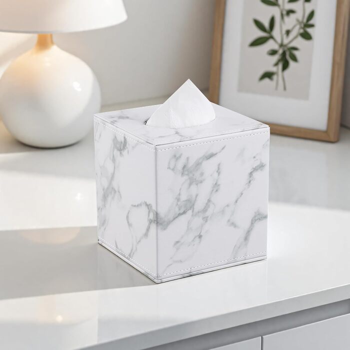 KINGFOM Скляна коробочка для серветок, шкіра PU, для авто, офісу, ванної кімнати, спальні (Мрамор)