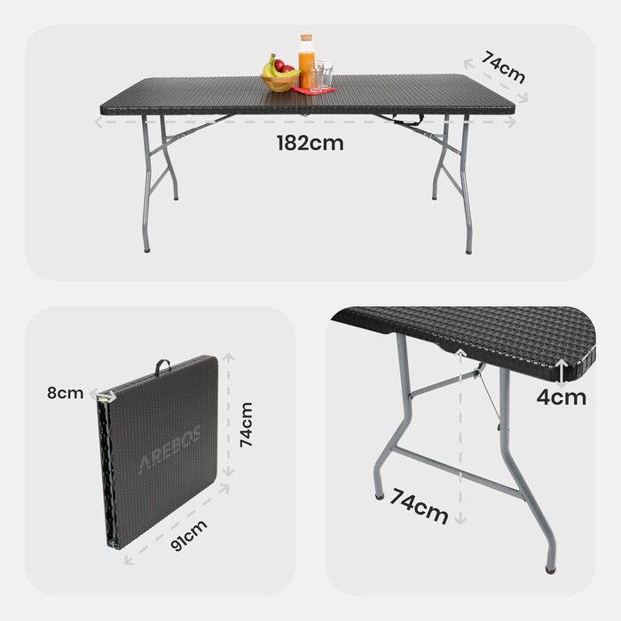 Складаний садовий стіл Arebos Buffettisch 182x74x74 см, чорний | для 8 осіб | з ручкою для перенесення | стіл для вечірок та кемпінгу