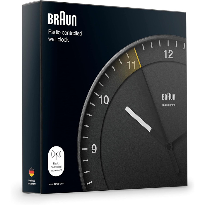 Braun Classic Large Radio Wall Clock, Central European Time Zone (CET/GMT+1) with quiet movement, easy-to-read dial, 30cm diameter, black model BC17B-DCF.
